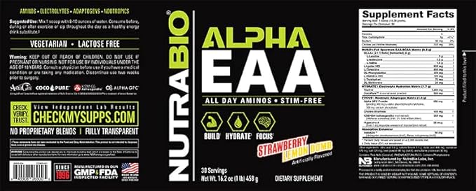 NutraBio Alpha EAA - All-Day Amino Acids for Muscle Growth and Hydration - Essential Amino Acids with Nootropics & Adaptogens- Full Spectrum EAA BCAA Powder - 30 Servings - Strawberry Lemon
