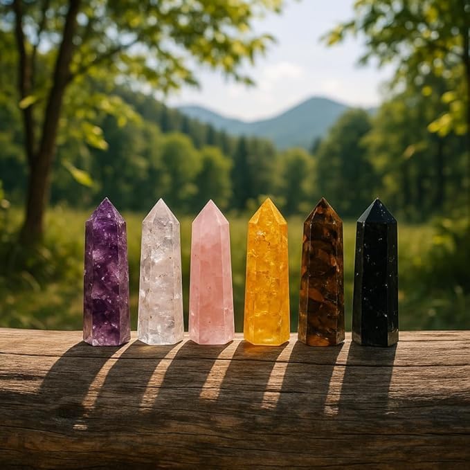 Healing Crystal Wand Set of 6 Orgonite with 3.5” Amethyst, Tigers Eye, Rose Quartz, Black Tourmaline Stone, Citrine Crystal, Clear Quartz, Crystals and Healing Stones Plus Black Tourmaline Necklace