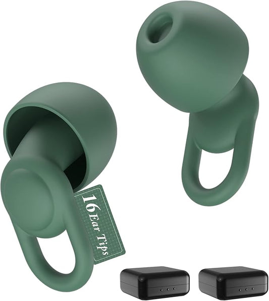 Silicone Ear Plugs for Noise Reduction - Reusable Soft Comfortable Earplugs for Sleeping,Noise Sensitivity & Flights -16 Ear Tips in XS/S/M/L, with 2 Travel Boxes - 33dB Noise Cancelling (Olive Green)