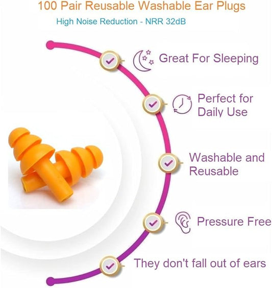 100 Pair Silicone Reusable Ear Plugs for Swimming, Sleeping, Concerts & Music - Bulk Pack of Swimmers Ear Plugs for Adults - Noise Reduction up to 25dB Swimming Ear Plugs for Men Women Ear Protection