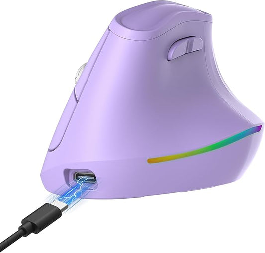 57° Wireless Ergonomic Mouse, Vertical Mouse, Carpal Tunnel Mouse, RGB Light, Rechargeable, Bluetooth & 2.4G, 5-level DPI Adjustment, Quiet Click Ergo Mice Compatible with PC, Laptop, Mac, Pueple