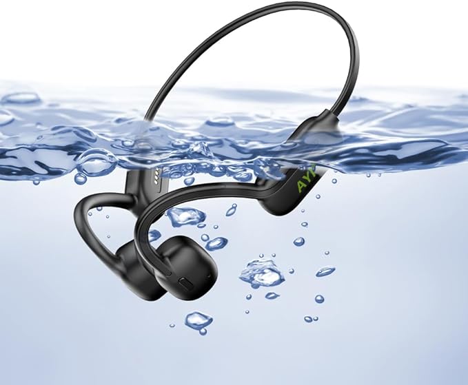 AYI Professional Swim Headphones True Bone Conduction Open Ear Headset MP3 Player Built-in 32G Memory IP68 Underwater Waterproof Bluetooth Earphone for Driving Bicycling Running Skiing-CS05 Black