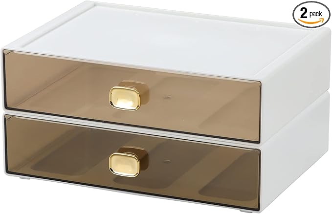 Spacious Desktop Storage Box, 2 Large Storage Drawers, Stackable Office Desk Drawer Organizer and Accessories, Printer Paper Organizer, White Plastic Drawers for Workspace