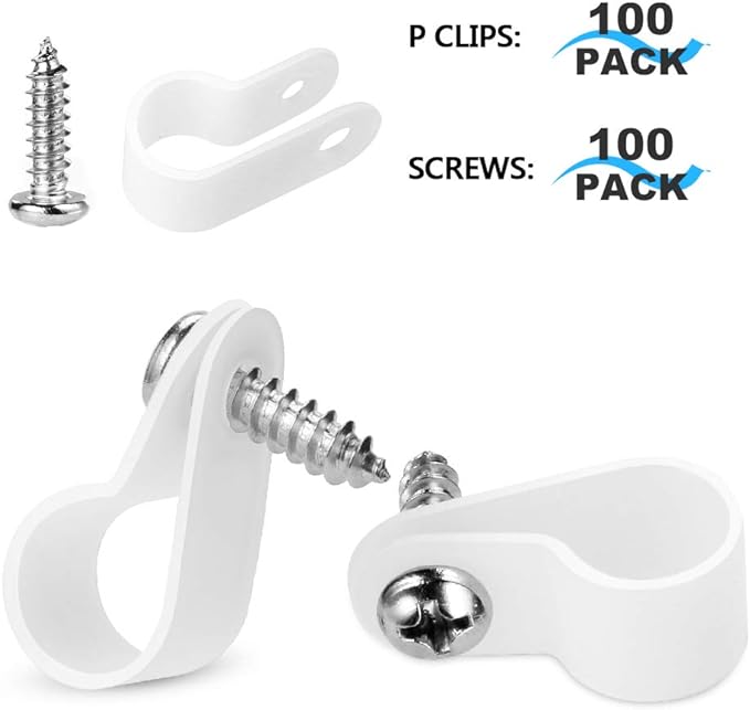 LOKMAN 100 Pack 3/8 Inch Rope Light P-Style Mounting Clips with Compatible Stainless Steel Pan Head Phillips Screws