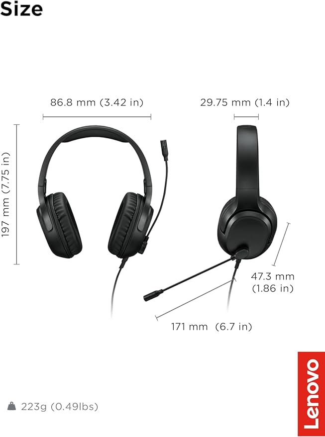 Lenovo H110 Wired Gaming Headset - 3.5mm Connection, Omni-Directional Microphone, Breathable Ear Cups, Built-in Volume Wheel - Black