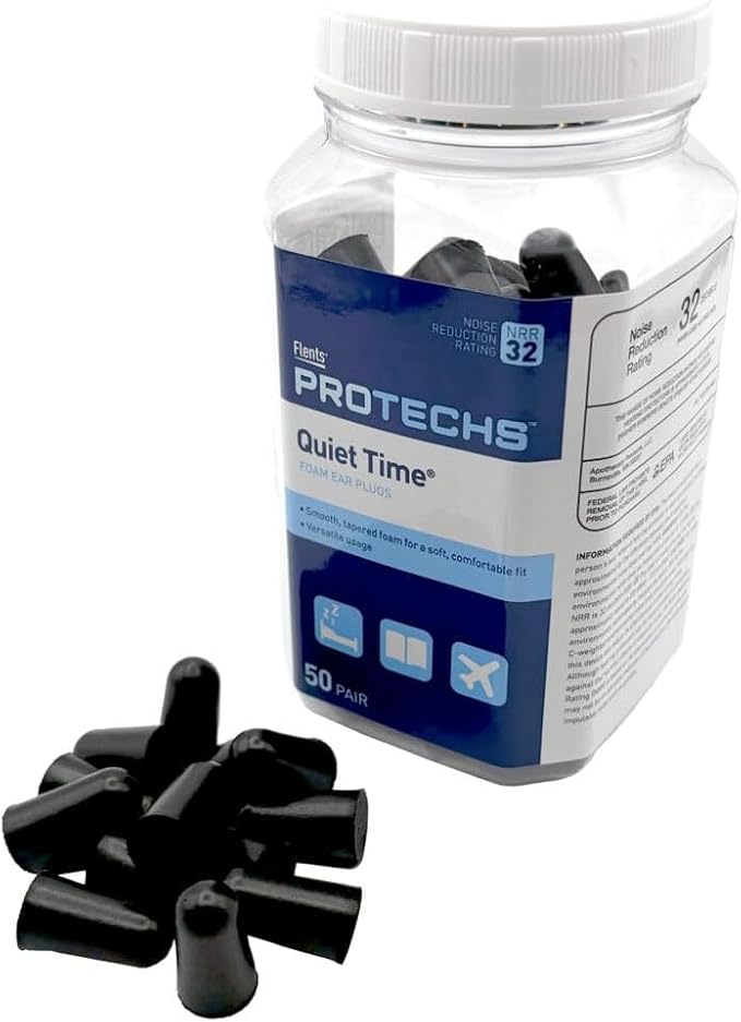 Flents Protechs Foam Ear Plugs for Sleeping, Snoring, Traveling, Concerts, Construction & Studying, Ultra Soft & Comfortable, Black, 50 Pairs, NRR 32 Hearing Protection for Loud Noise