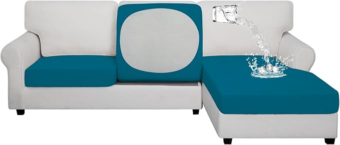 Easy-Going 100% Waterproof 3 Pieces Couch Cushion Covers for Sectional Sofa Left/Right L Shape Chaise Lounge Sofa Seat slipcover Anti-Slip Sofa Cover (2 Seater + 1 Chaise, Peacock Blue