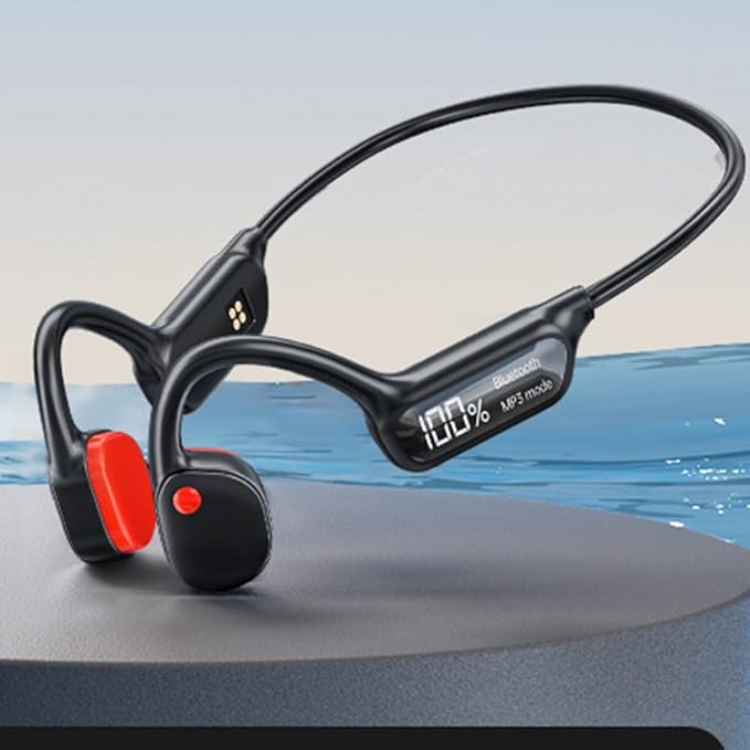 Swimming Headphones Bone Conduction Open Ear Headset MP3 Player Built-in 32G Memory IP68 Underwater Waterproof Stereo Bluetooth Earphone LED Screen for Driving Bicycling Running Skiing-X10 Black