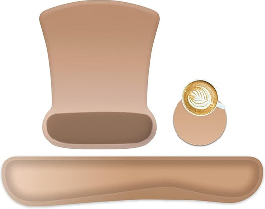 RICHEN Mouse Pad and Keyboard Wrist Rest, 3-in-1 Computer Mousepad and Coaster Set, Non-Slip Keyboard Wrist Rest and Mouse Pad Set Ergonomic Design (Gradient Brown)