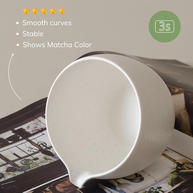 WENSHUO Matcha Whisk Set, Ceramic Matcha Bowl & Whisk Holder, Bamboo Accessory, Modern Design (Matte White, Pouring Spout)