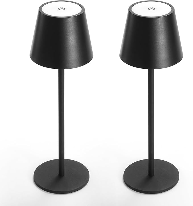 Maksone 2 Pack LED Cordless Table Lamp, 6600mWh Rechargeable Battery Desk Lamp, 3000K Stepless Dimming Night Light, IP54 Waterproof Metal Outdoor Portable Lamp for Restaurant, Patio (Black)