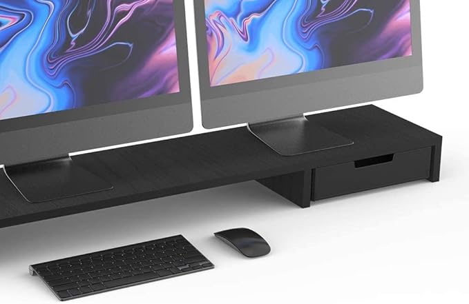 POUT E9 Dual Monitor Stand with Drawer - Wireless Charger and USB Hub (Deep Black)