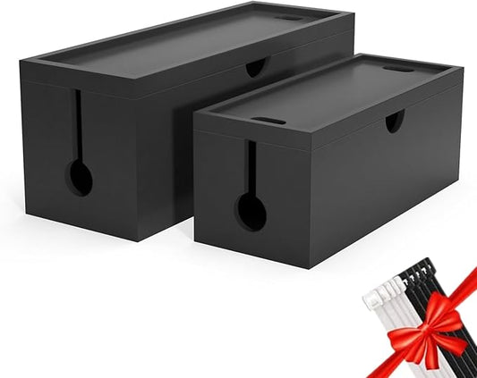 Bamboo Cable Management Box, Large Cord Organizer Box Cable Box to Hide Wires & Power Strips for Desktop Storage Cord Holder for Office Home,No Assembley Required (All Black, 2 Packs(M+L))