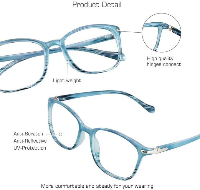 VisionGlobal Blue Light Blocking Glasses for Women, Anti Eyestrain, Computer Reading, TV Glasses, Stylish Square Frame, Anti Glare(Slate Blue,+0.75 Magnification)