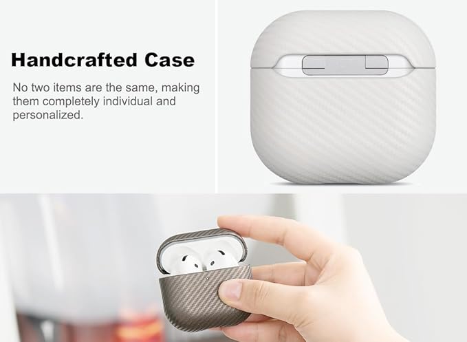 Leather Case - for AirPods 4 / AirPods 4 with Active Noise Cancellation Case Cover - Selected Skin-Friendly Leather, with Carbon Fibre Texture, Handmade Drop Protective Hard Cover - White