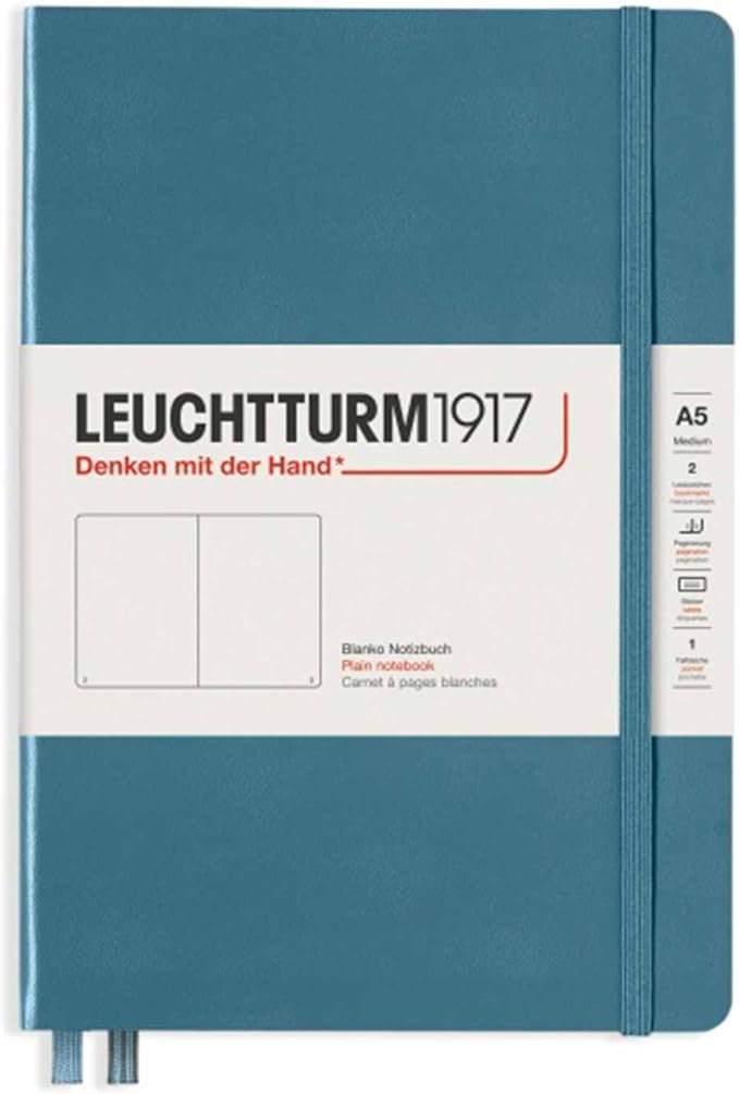 LEUCHTTURM1917 - Notebook Hardcover Medium A5-251 Numbered Pages for Writing and Journaling (Stone Blue, Plain)