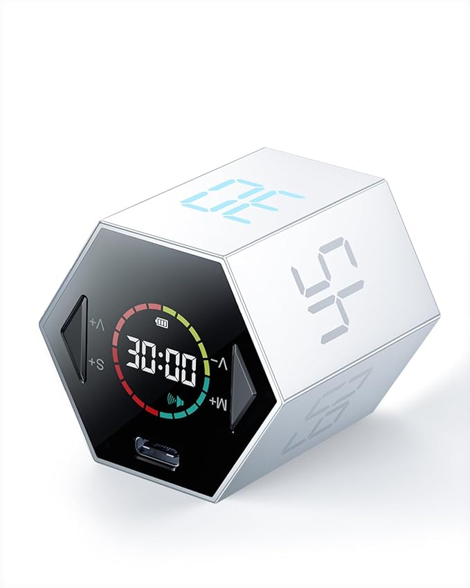 Ticktime Pomodoro Timer Cube, Hexagon Productivity Timer, Pause & Resume, Silent, Vibrate & Adjustable Sound Alert, for ADHD, Task, Work, Study, 5/15/25/30/45/60min & Custom Countdown, Silver