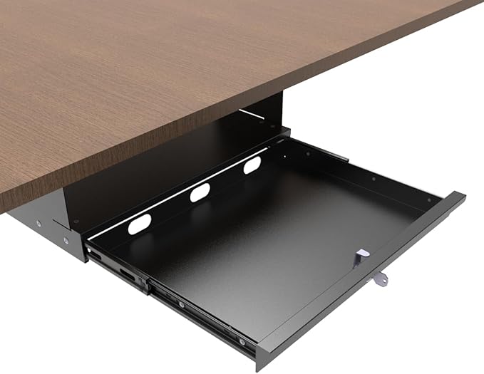 17 Inch Wide Under Desk Lockable Sliding Out Drawer, Pulling Out Secure Storage Organizer Under Desk with a Crossbar Max. 3.2" High at Office or Home, 12 Inch Deep