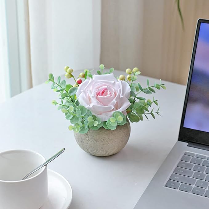 Artificial Flowers Kit with Pot, Combination of Fake Silk Light Pink Roses and Greenery,Small Plant Potted Decor for Offices,Bookshelf,Bedroom, Living Room,Party,Wedding Decorations