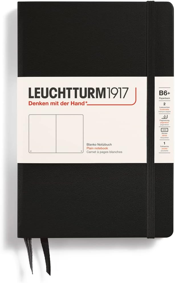 LEUCHTTURM1917 - Notebook Hardcover Paperback B6+ - 219 Numbered Pages for Writing and Journaling (Black, Plain)