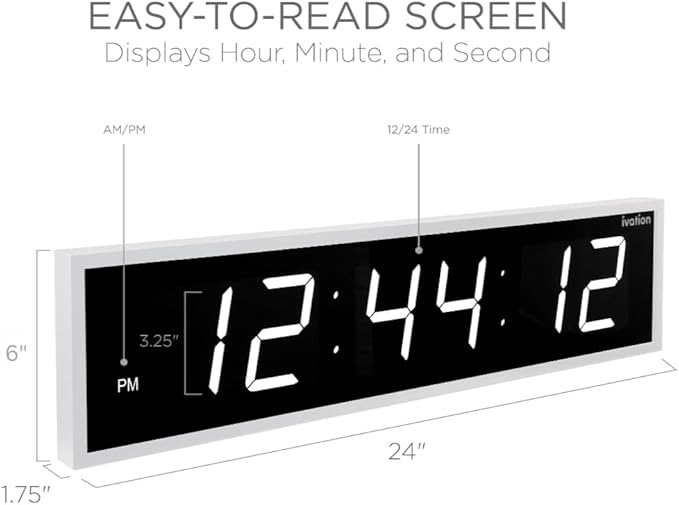 Ivation Oversized 24" Large Digital LED Clock | Big Digital Clock w/Multi-Function Display – Stopwatch, Timer, Alarms, Temp & Date | 6 Brightness Levels, Time Memory & Remote (White)