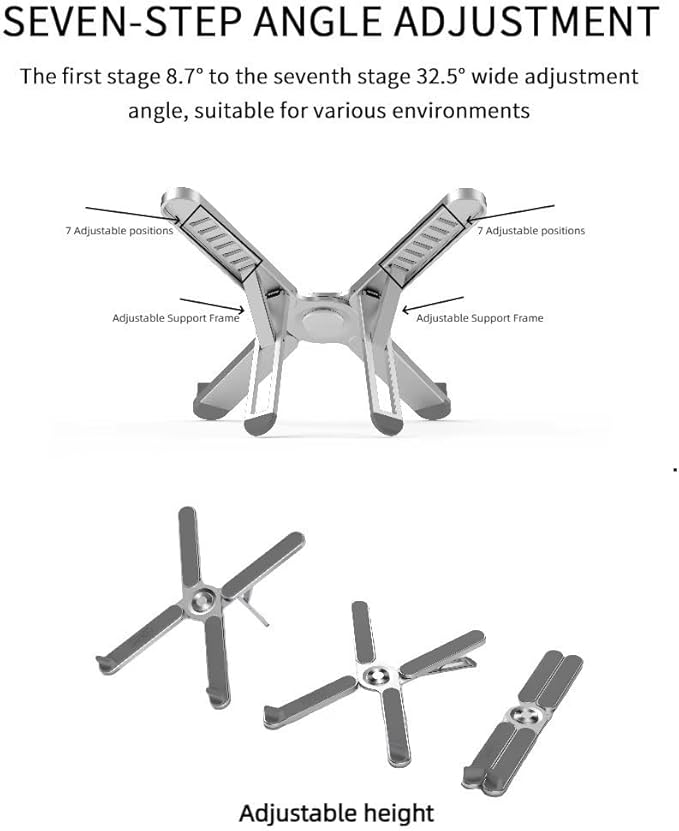 Laptop Stand, Aluminum Light Weight Alloy Silicon Foldable, Ergonomic Aluminum Riser with 7 Adjustable Heights, Compatible with Laptop 10-15.6'' and Tablet