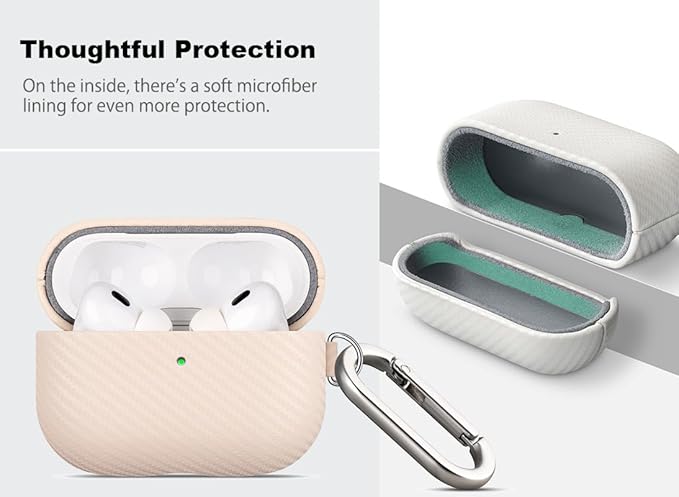 Leather Case - for AirPods Pro 2 Case Cover with Keychain - Selected Skin-Friendly Leather, Carbon Fibre Texture, Handmade Hard Cover for AirPods Pro 2nd Generation Earbuds - Pearl White