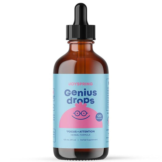 JoySpring Genius Drops - Organic Focus Drops for Kids | Clinically Proven Focus Supplement Helps Kids Perform Better in School | Liquid Herbal Supplement with Ginkgo Biloba (4 fl oz) 120 Servings