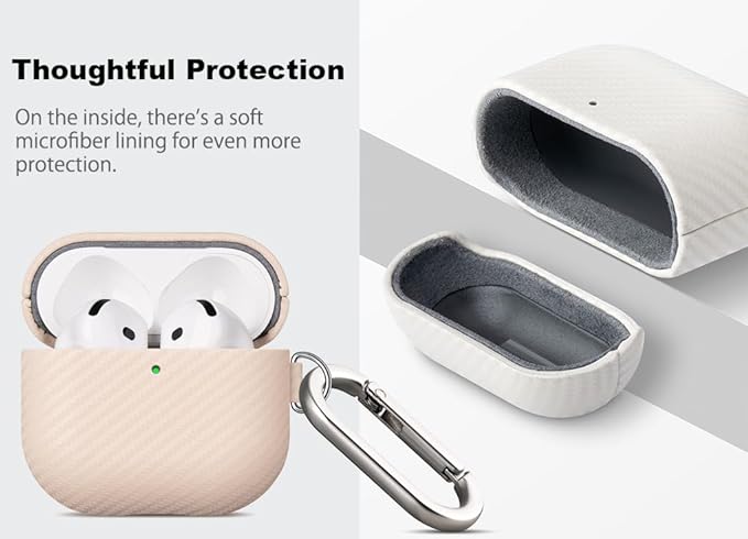 Leather Case - for AirPods 4th Generation Case Cover with Keychain - Selected Skin-Friendly Leather, Carbon Fibre Texture, Handmade Drop Protective Hard Cover for AirPods 4 - Pearl White