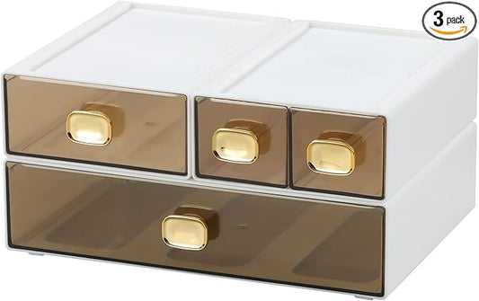 Spacious Desktop Storage Box, 1 Large 1 Middle & 2 Small Storage Drawers, Stackable Office Desk Drawer Organizer and Accessories, Printer Paper Organizer, White Plastic Drawers for Workspace
