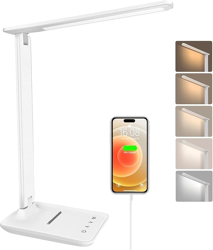 karidi LED Desk Lamp Dimmable Table Lamp with USB Charging Port, 5 Lighting Modes, Sensitive Control, Foldable Portable Desk Light for Home Office Bedroom Reading (White, Tall Version - 16.73 inch)