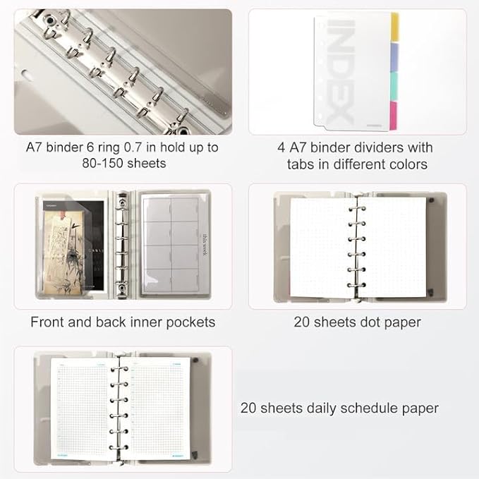 CAGIE A7 Binder 6 Ring Notebook with Dividers Refillable Planner Binder with Pockets, Refill Paper Include Planning Square Ruled and Dotted Pages, 4.13 x 5.71 In, (Light Pink, A7 Hourly&Dot Page)
