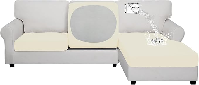 Easy-Going 100% Waterproof 3 Pieces Couch Cushion Covers for Sectional Sofa Left/Right L Shape Chaise Lounge Sofa Seat slipcover Anti-Slip Sofa Cover (2 Seater + 1 Chaise, Ivory