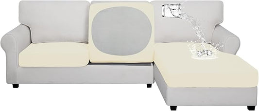 Easy-Going 100% Waterproof 3 Pieces Couch Cushion Covers for Sectional Sofa Left/Right L Shape Chaise Lounge Sofa Seat slipcover Anti-Slip Sofa Cover (2 Seater + 1 Chaise, Ivory