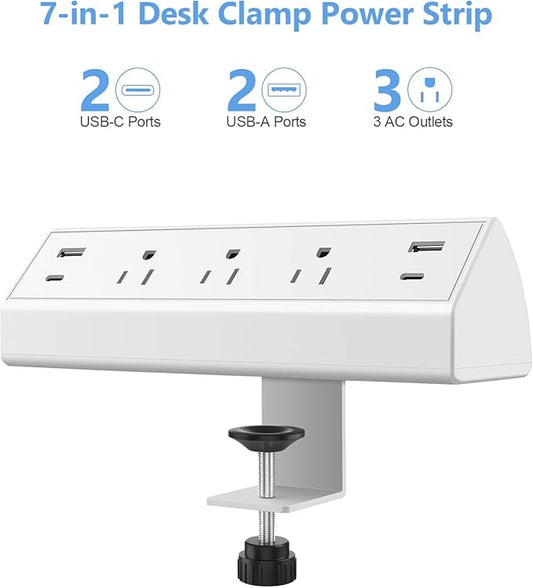 Desk Clamp Power Strip,40W Fast Charging Station,Desktop Mount Surge Protector,2 PD 20W USB C Ports,3 Outlets for Home,Office,Fit 1.9" Tabletop Edge (White, 3 Outlets & 4 USB Ports & 25 FT Cable)