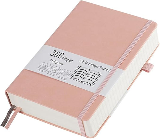 Thick College Ruled Notebook with 366 Numbered Pages, A5 Journals for Writing with 100GSM Lined Paper, Hardcover Leather Notebooks for Women Men School Note Taking Office Work Diary, 5.7"x8.3" Pink