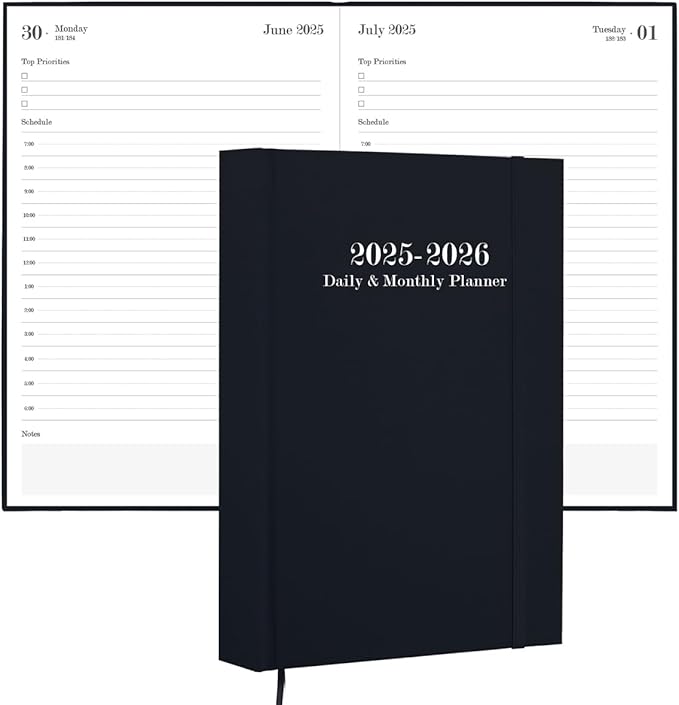 2025-2026 Daily & Monthly Planner - 2025 2026 Academic Year Planner One Page Per Day from July 2025 to June 2026, Hourly Appointment Book Perfect Organizer Daily Life, Fabric Cover, 5.8'' x 8.3'', Black