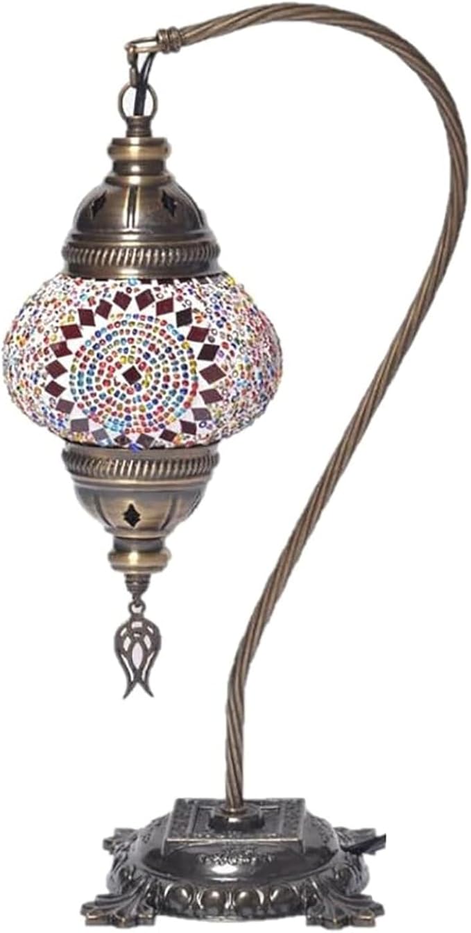 Kafthan Turkish Moroccan Mosaic Lamp – Handmade Glass Swan Neck Bedside Lamp with Antique Brass Base, Ideal Decor for Bedroom, Office, Living Room – Bulb Included (Multicolor Center Circle)
