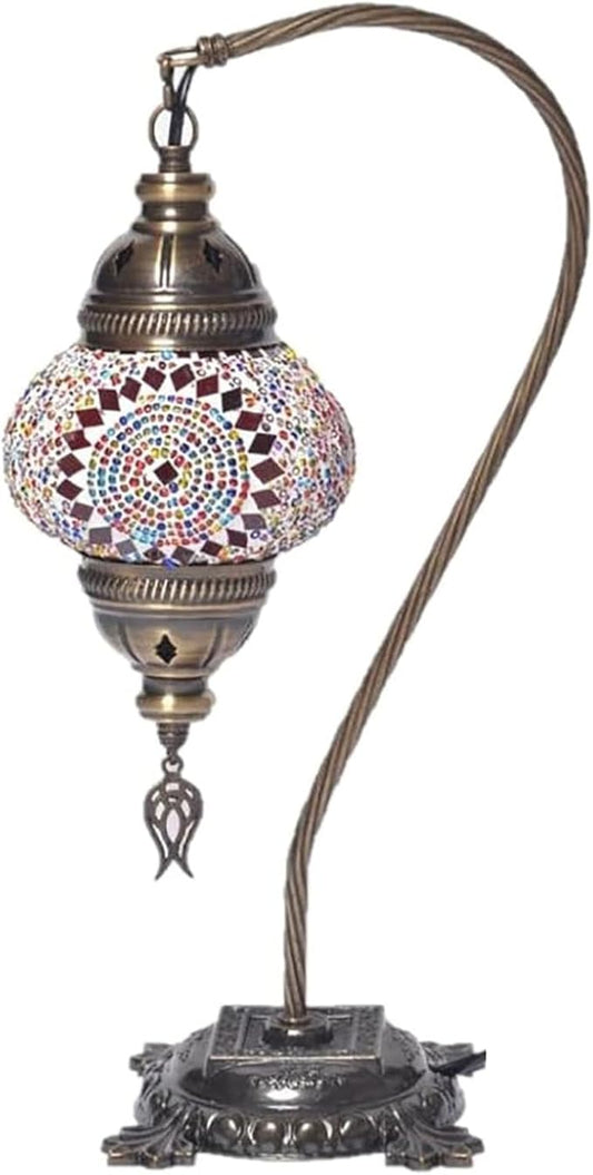 Kafthan Turkish Moroccan Mosaic Lamp – Handmade Glass Swan Neck Bedside Lamp with Antique Brass Base, Ideal Decor for Bedroom, Office, Living Room – Bulb Included (Multicolor Center Circle)