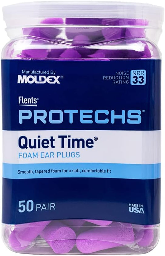 Flents Protechs Foam Ear Plugs, 50 Pair for Sleeping, Snoring, Loud Noise, Traveling, Concerts, Construction, Studying, Work, Shooting, NRR 33, Noise Cancelling, Disposable, Purple, Made in the USA