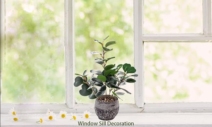 15" Fake Plants in Rustic Black Vase Real Looking and Touching Evergreen Ficus Leaf Faux Plant Indoor for Book Shelf Bathroom Office Desk Kitchen Counter Bedroom Small Space Artificial Plant Decor