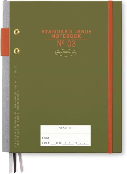 DesignWorks Ink Standard Issue Planner Notebook No. 3 Journal with 192 Lined Pages, Elastic Closure, Pen Holder, and 3 Ribbon Marker for Work, Writing, Journaling - Army Green Chili