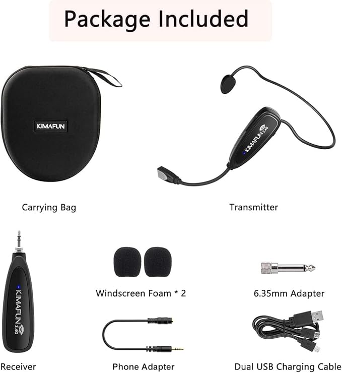 KIMAFUN Headset Wireless Microphone System, No Need Bluetooth, Waterproof Head Mic for Fitness Instructor, Teaching Online, Yoga Classroom, Spinning Coach, Speaker, iPhone, Android Phone, G100-1