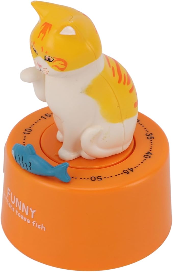 Mechanical Countdown Timer, 60 Minutes Mechanical Kitchen Timer Eco Friendly Loud Alarm Magnetic Base Cute Animal Shape for Kitchen (Kitten with Orange Base)
