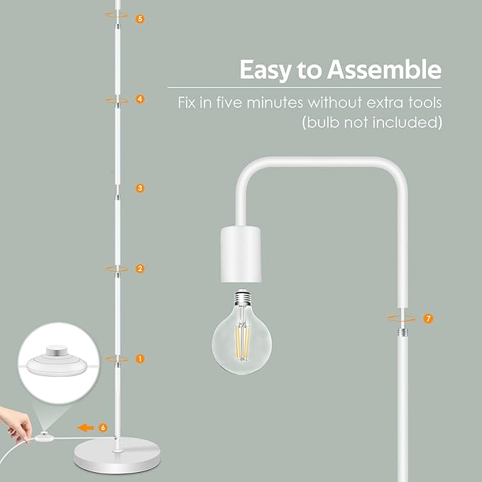 BoostArea Floor Lamp, White Industrial Floor Lamp, 63In Standing Lamp, E26 Socket, On/Off Footswitch, Whole Metal, ETL Listed, Modern Small Lamp for Bedroom, Living Room, Minimalist, Vintage, Mid-Age