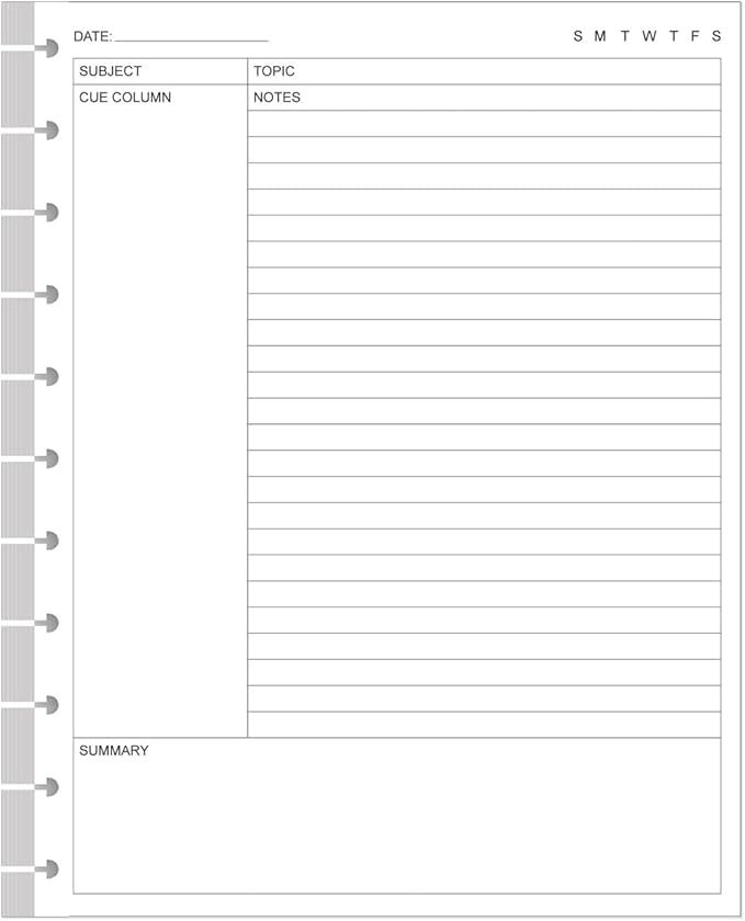 Letter Size Cornell Notes Filler Paper - 11 TUL Disc Cornell Notes Loose Leaf Paper, 50Sheets / 100Pages, 8.5'' x 11''