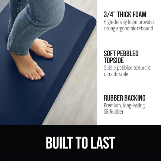 GORILLA GRIP Comfortable Cushioned Kitchen Mats for Floor, Waterproof and Stain Resistant Soft Top, 3/4 Inch Thick Ergonomic Standing Desk Anti Fatigue Mat, Foam Supports Ankles and Feet, 20x32, Navy
