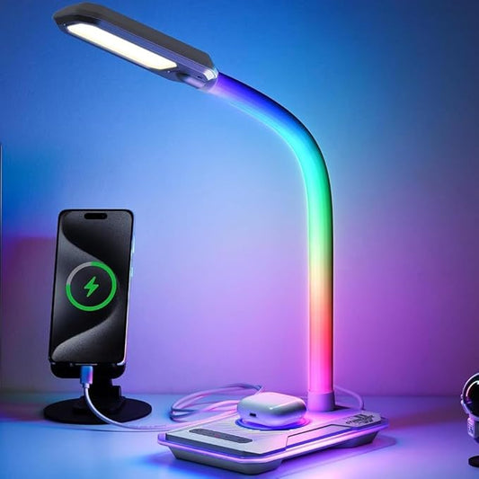 RGB Gaming Desk Lamp with Music Sync,Dimmable LED Lamp with Wireless Charging Station,USB Charging Port,Color Changing Touch Control Light for Gamer Room Decor,Reading,Office,Gift Ideas