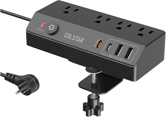 Desk Clamp Power Strip with PD 20W Fast Charging, Flat Plug Extension Cord 10 FT, Desk Mount Power Strip Surge Protector with 4 AC Outlet 4 USB Ports, Fit 1.8" Tabletop Edge (Black)