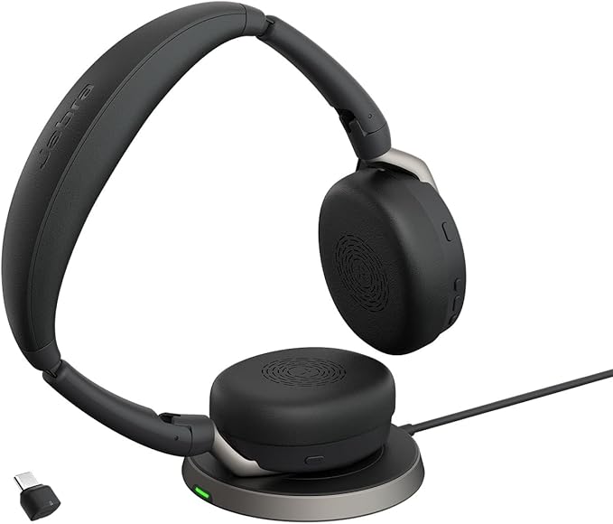 Jabra Evolve2 65 Flex Stereo Headset with Bluetooth, Wireless Charging Pad - Noise-Cancelling ClearVoice Technology & Hybrid Active Noise Cancellation - Certified for Microsoft Teams - Black